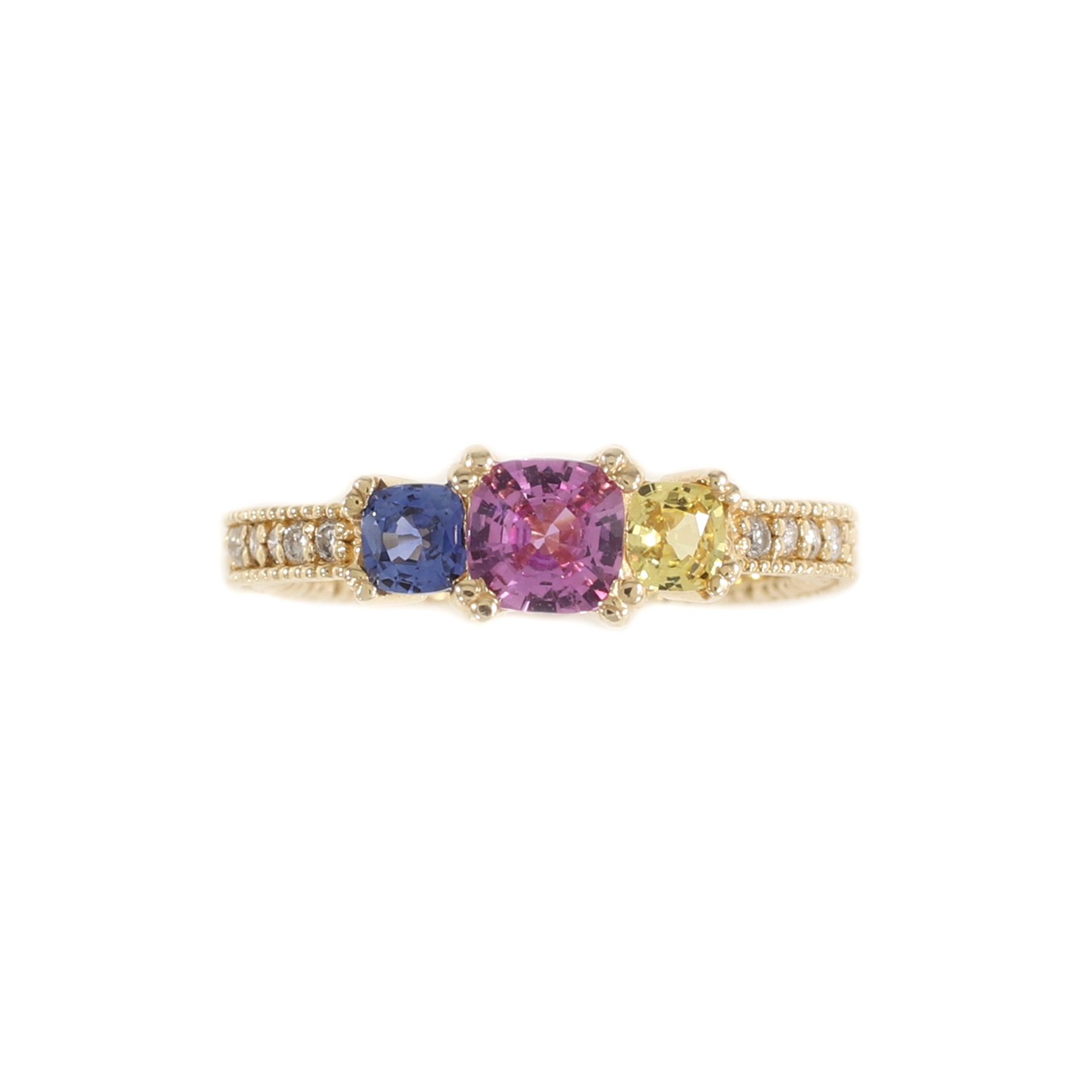 Vivid Three Stone Sapphire & Diamond Ring