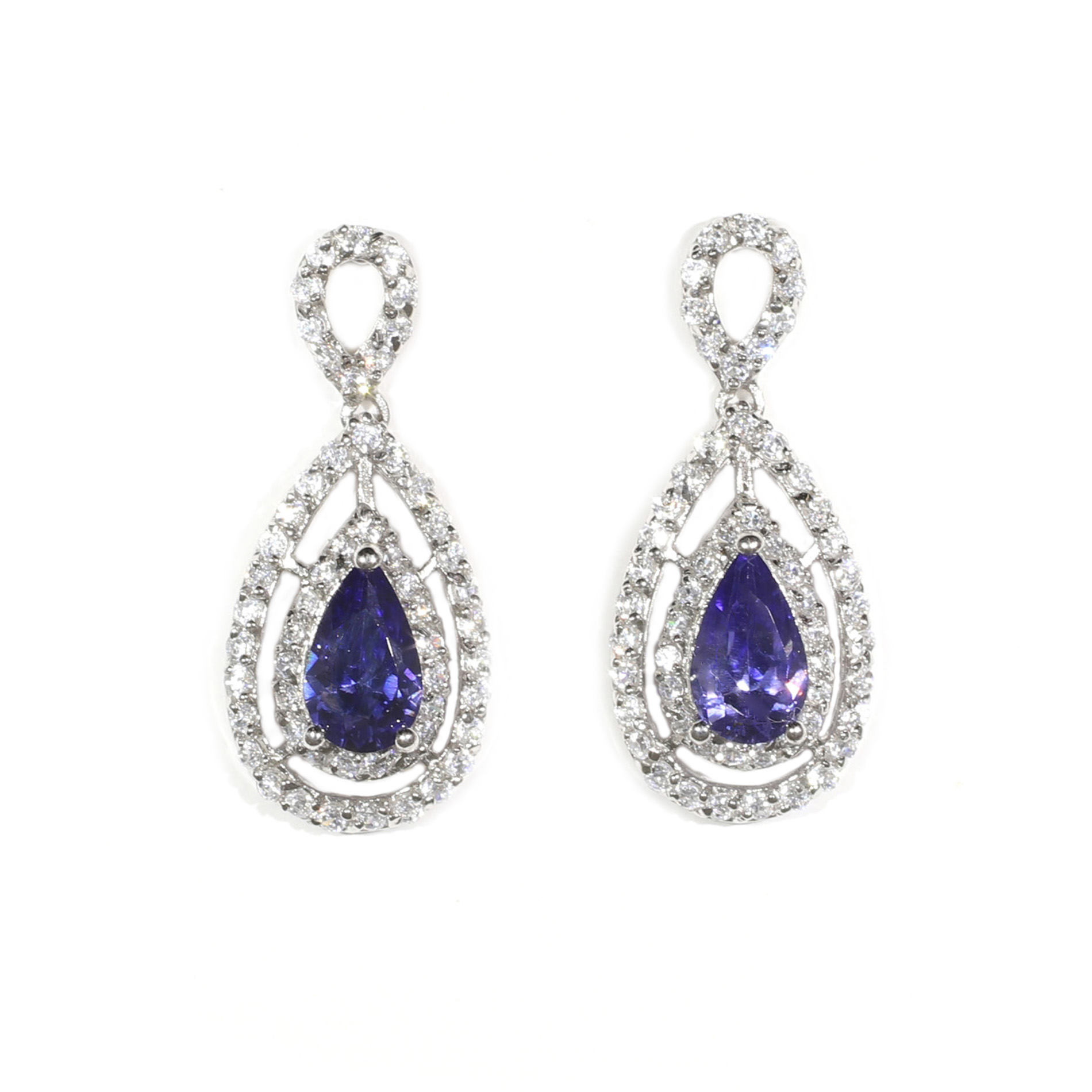 Double Halo Tanzanite Drop Earrings